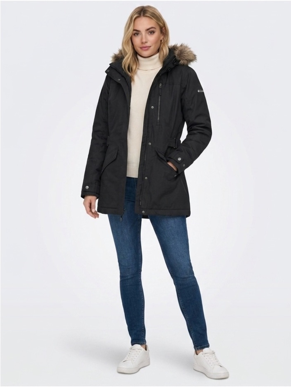 Columbia Black & Faux Fur Hooded Parka Cost Size Small